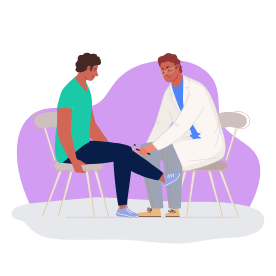 Illustration d’un médecin auscultant son patient à l’aide d’un marteau sur le genou de ce dernier